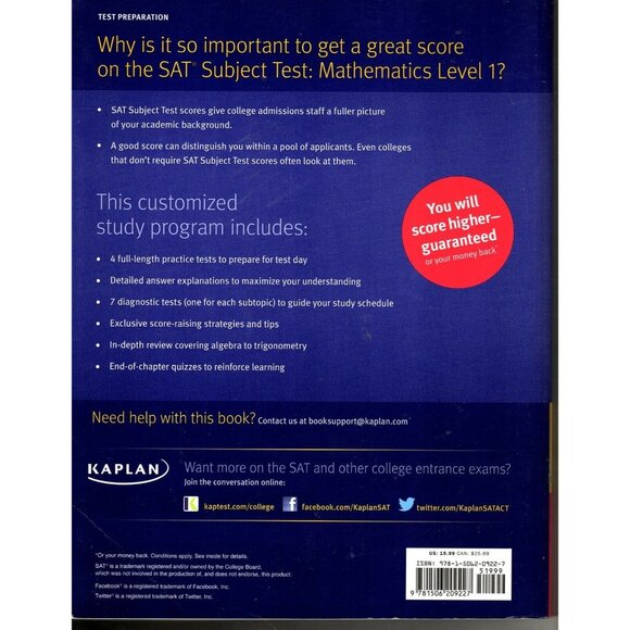 Kaplan SAT Subject Test Mathematics Level 1 With 4 Practice Tests - Picture 2 of 2